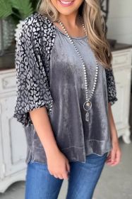Grey Leopard Splicing Lantern Sleeve Velvet Blouse (size: (US 4-6)S)