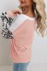 Pink Waffle Knit Leopard Sleeve Patchwork Henley Top