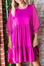 Rosy Solid Color Shirred Cuffs Tiered Mini Dress (size: (US 16-18)XL)