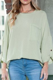 Green Crinkle Ribbed Roll Tab Sleeve Chest Pocket Oversize Top (size: (US 16-18)XL)