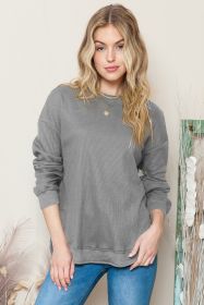 Grey Plain Crew Neck Ribbed Trim Waffle Knit Long Sleeve Top (size: (US 4-6)S)