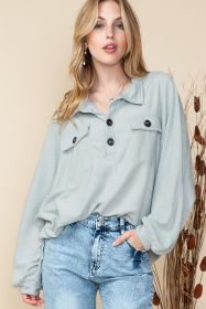 Grey Solid Color Henley Long Sleeve Sweatshirt with Chest Pockets (size: (US 16-18)XL)