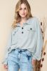 Grey Solid Color Henley Long Sleeve Sweatshirt with Chest Pockets