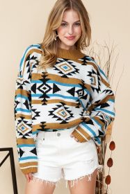 Brown Geometric Striped Knit Ribbed Trim Sweater (size: (US 8-10)M)