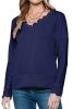 Dark Blue Ribbed Texture Lace Trim V Neck Long Sleeve Top