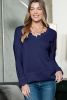 Dark Blue Ribbed Texture Lace Trim V Neck Long Sleeve Top