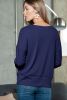 Dark Blue Ribbed Texture Lace Trim V Neck Long Sleeve Top