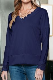 Dark Blue Ribbed Texture Lace Trim V Neck Long Sleeve Top (size: (US 4-6)S)