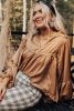 Brown Solid Color Lantern Sleeve Collared Boho Top