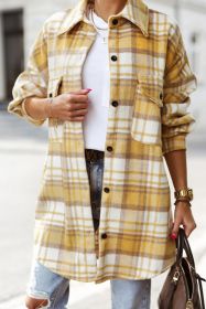 Yellow Plaid Print Flap Pocket Long Sleeve Shacket (size: (US 4-6)S)