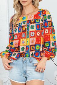 Multicolor 60s Flower Pattern Lantern Sleeve Square Neck Top (size: (US 16-18)XL)