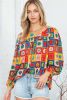 Multicolor 60s Flower Pattern Lantern Sleeve Square Neck Top