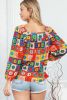 Multicolor 60s Flower Pattern Lantern Sleeve Square Neck Top