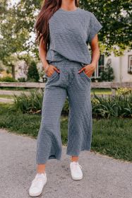 Blue Quilted Textured Short Sleeve Top and Wide Leg Pants Set (size: (US 16-18)XL)