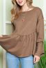Brown Textured Exposed Seam Pullover Long Sleeve Top