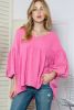 Pink Crinkled Lantern Sleeve Babydoll Blouse