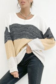 Multicolor Splicing Cable Knit Drop Sleeve Sweater (size: (US 16-18)XL)