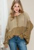 Khaki Ribbed Patchwork Bishop Sleeve Henley Top