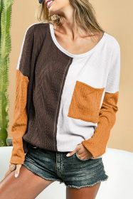 Brown Color Block Textured Chest Pocket Long Sleeve Top (size: (US 16-18)XL)