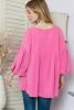 Pink Crinkled Lantern Sleeve Babydoll Blouse