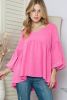Pink Crinkled Lantern Sleeve Babydoll Blouse