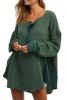 Green Solid Color Crinkled Patchwork Henley Blouse