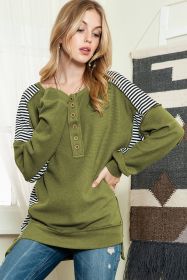 Green Striped Print Waffle Patchwork Henley Pullover Sweatshirt (size: (US 16-18)XL)