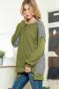 Green Striped Print Waffle Patchwork Henley Pullover Sweatshirt