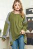 Green Striped Print Waffle Patchwork Henley Pullover Sweatshirt