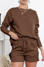 Brown Textured Long Sleeve Top & Drawstring Shorts Set (size: (US 4-6)S)