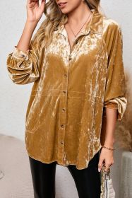 Gold Solid Color Long Sleeve Vintage Button Up Shacket (size: (US 16-18)XL)