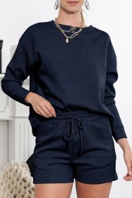 Navy Blue Textured Long Sleeve Top & Drawstring Shorts Set (size: (US 16-18)XL)