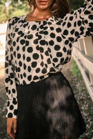 Black Polka Dot Pleated Long Sleeve Blouse (size: (US 16-18)XL)