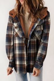 Blue Snap Button Sherpa Lined Hooded Flannel Jacket (size: (US 4-6)S)