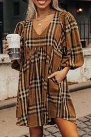 Brown Plaid Pattern Empire Waist Babydoll Dress (size: (US 16-18)XL)