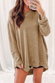 Khaki Plain Waffle Knit Drop Sleeve Side Slits Oversized Top (size: (US 4-6)S)