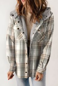 Gray Snap Button Sherpa Lined Hooded Flannel Jacket (size: (US 4-6)S)
