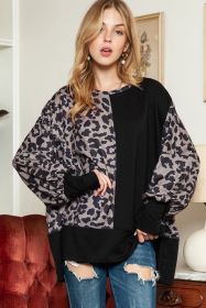 Black Leopard Print Bishop Sleeve Oversized Sweatshirt with Slits (size: (US 16-18)XL)