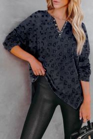 Grey Leopard Print Textured Drop Shoulder Henley Shirt (size: (US 16-18)XL)