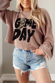Khaki Game Day Graphic Crop Corded Knit Top (size: (US 16-18)XL)