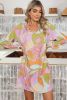 Multicolor Random Abstract Print Frill Split Neck Babydoll Short Dress