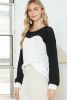 Black and White Color Block Waffle Knit Pullover Long Sleeve Top