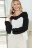 Black and White Color Block Waffle Knit Pullover Long Sleeve Top