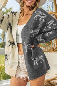 Animal Print Color Block Open Front Knitted Cardigan with Pockets (size: (US 8-10)M)