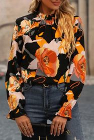 Black Floral Frilled Neck Peasant Sleeve Blouse (size: (US 4-6)S)