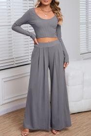 Gray Plain Ribbed Crop Top & Wide Leg Pants Two Piece Pants Set (size: (US 16-18)XL)
