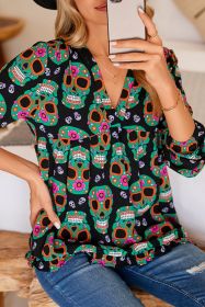 Black Halloween Flower Skull Babydoll Blouse (size: (US 4-6)S)