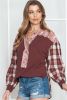 Red Floral Plaid Mixed Patchwork Bishop Sleeve Top