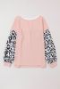 Pink Waffle Knit Leopard Sleeve Patchwork Henley Top