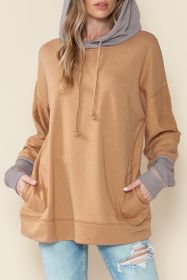 Khaki Patchwork Side Pockets Drawstring Hoodie (size: (US 16-18)XL)
